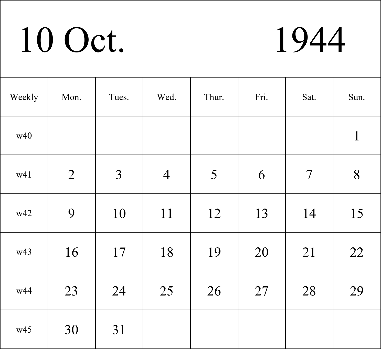 日历表1944年日历 英文版 纵向排版 周一开始 带周数